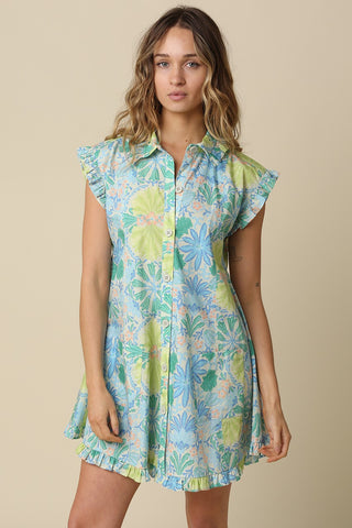 Coastal Bloom Ruffle Sleeve Cotton Mini Dress