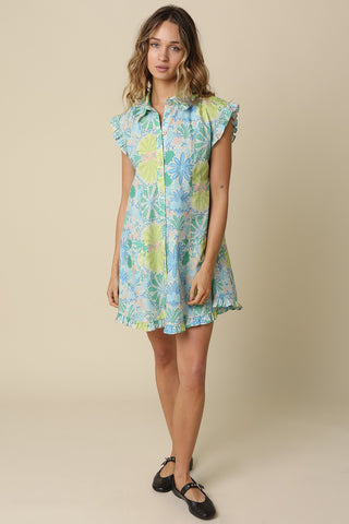 Coastal Bloom Ruffle Sleeve Cotton Mini Dress