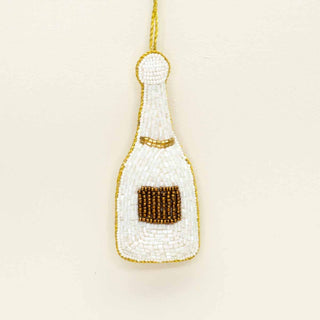 Champagne Bottle Beaded Ornament   White/Gold   4"