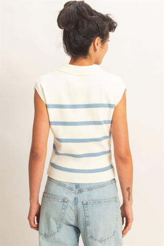 Baby Blue Stripe Sleeveless Knit Polo Top