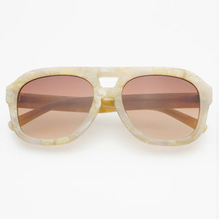 Sunglasses with beige frame and brown lenses on a white background