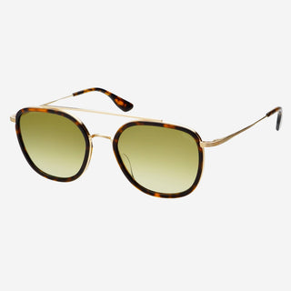 Sunglasses with tortoiseshell frame and green gradient lenses on a white background