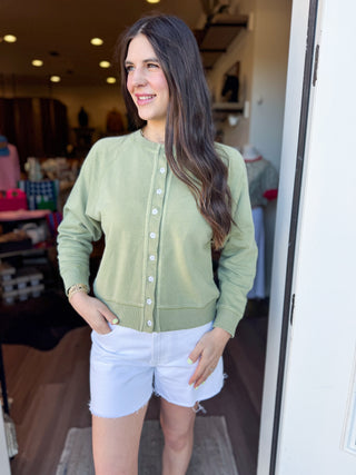 Matcha Vintage Wash Flower Button Cardigan