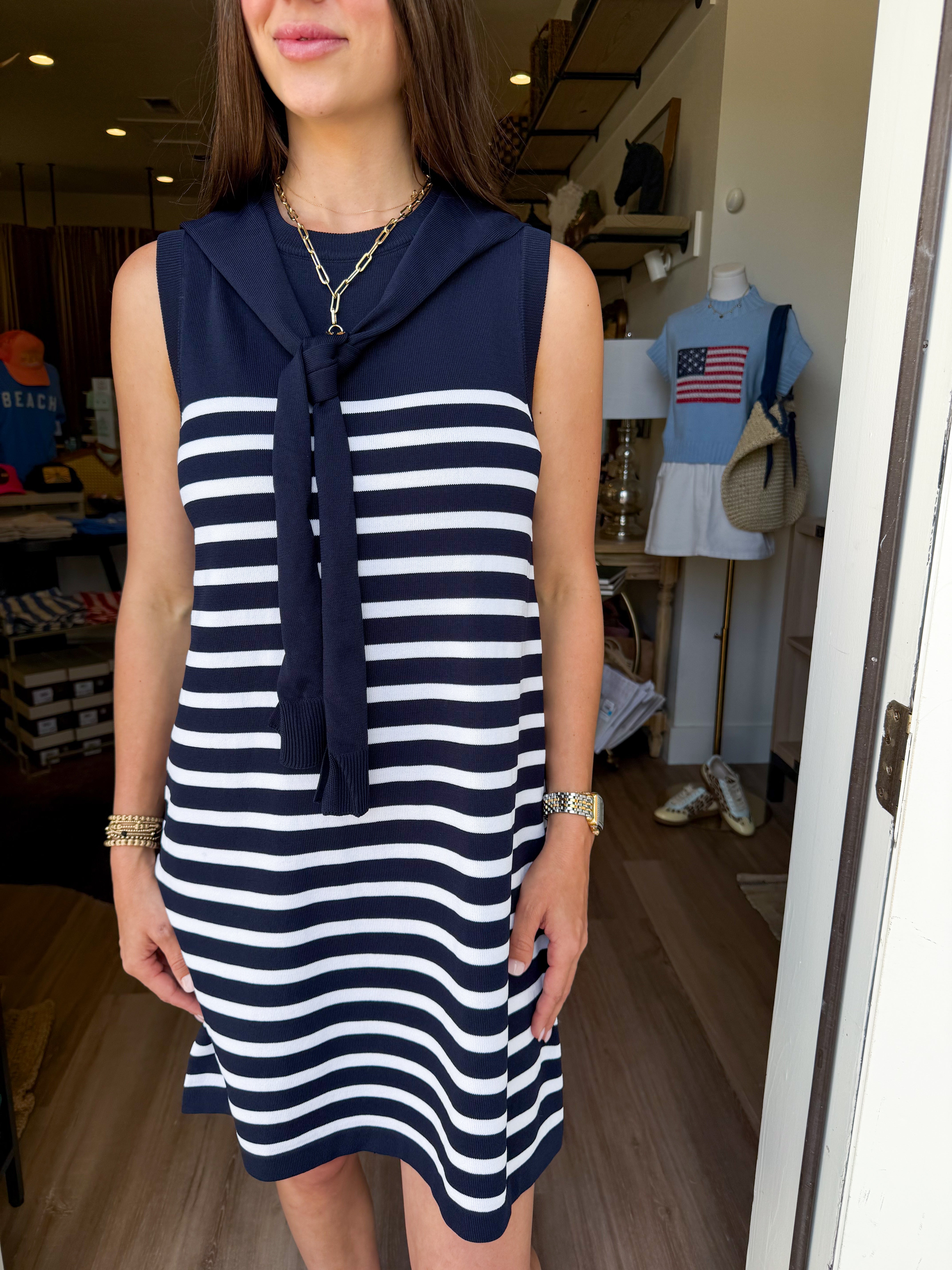 Stripe Scarf Tie Dress - Navy