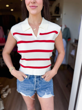 Red Stripe Sleeveless Knit Polo Top