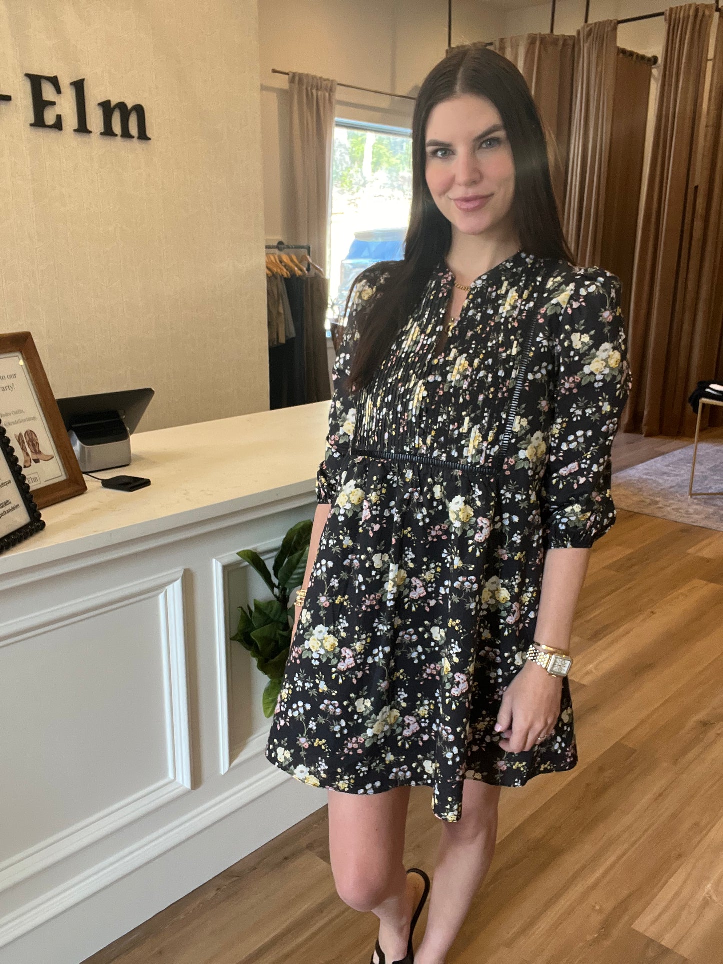 Pintuck Floral Mini Dress