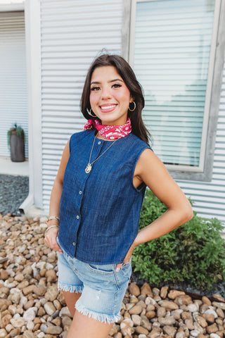 Sleeveless Denim Button Down Top