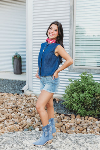 Sleeveless Denim Button Down Top