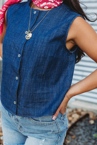 Sleeveless Denim Button Down Top