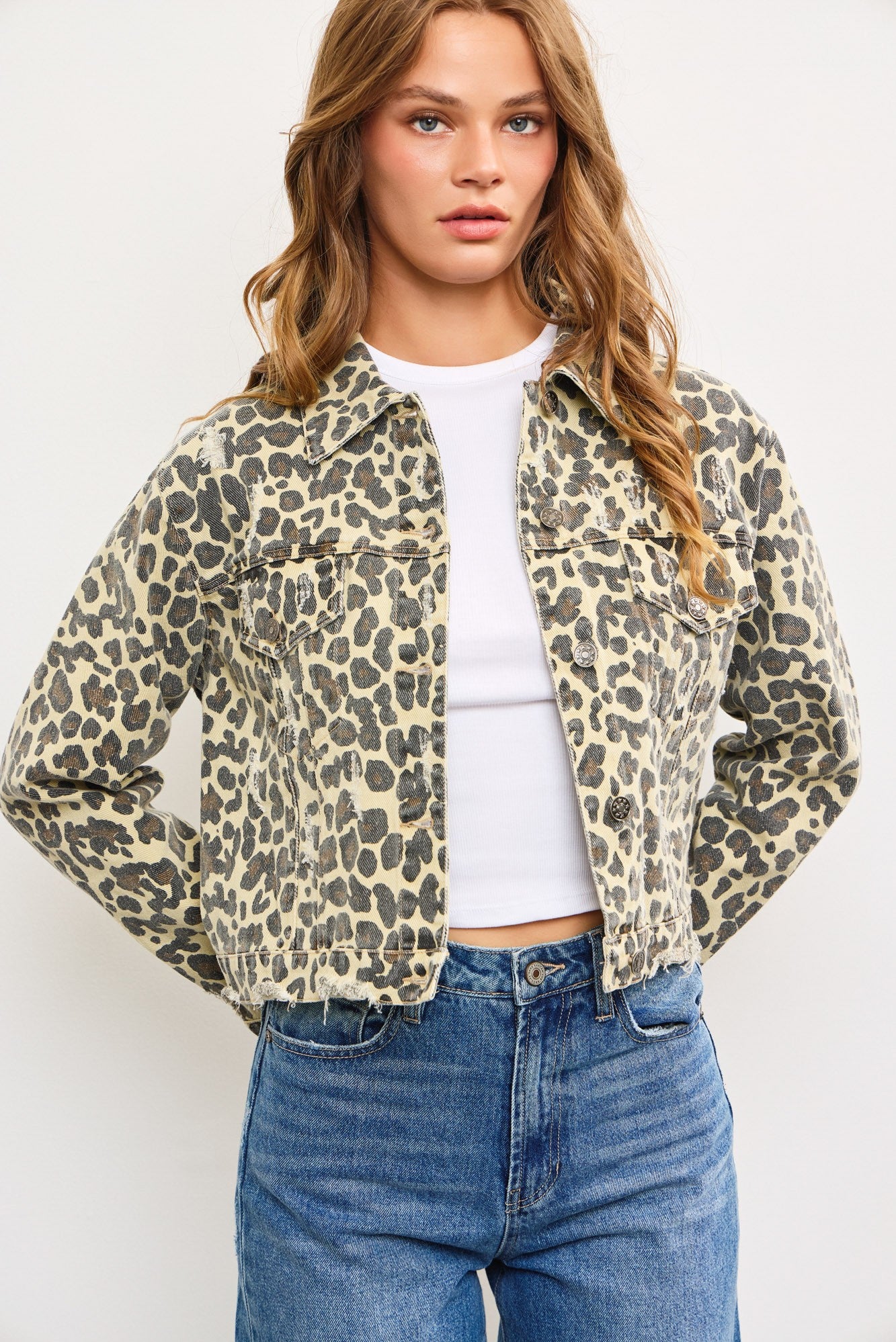 Cropped Leopard Denim Jacket