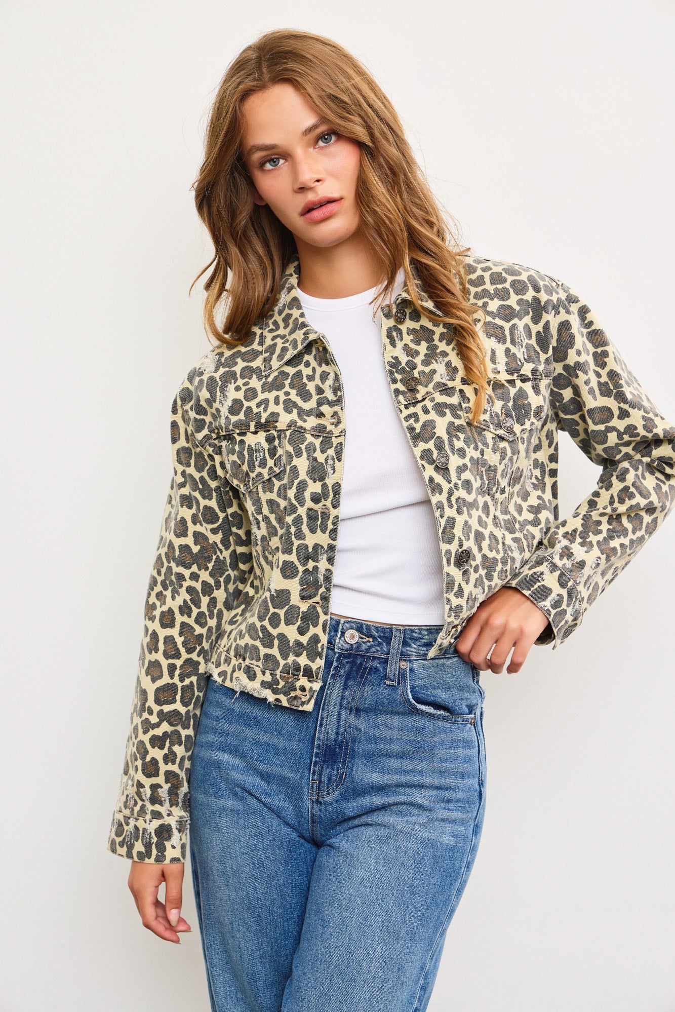 Cropped Leopard Denim Jacket