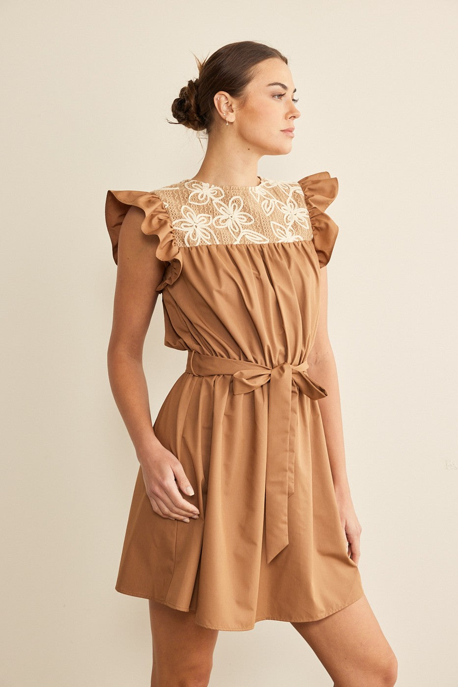 Mocha Mini Dress with Floral Detail