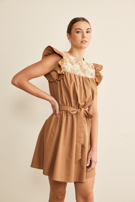 Mocha Mini Dress with Floral Detail