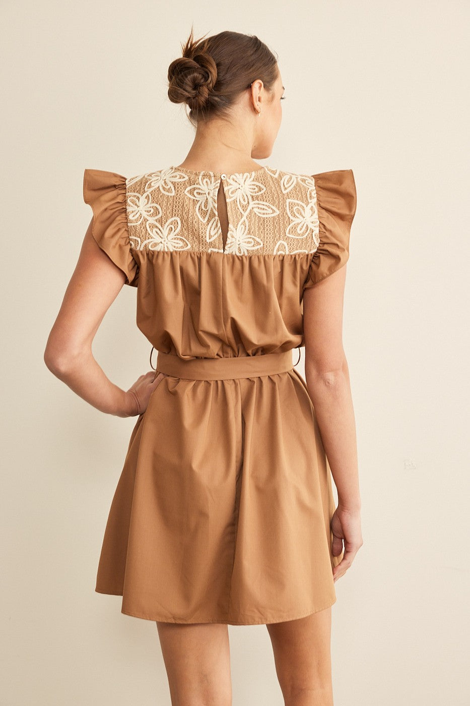 Mocha Mini Dress with Floral Detail