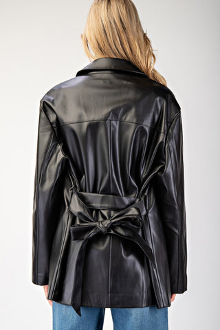PU Black Leather Tie Belt Jacket