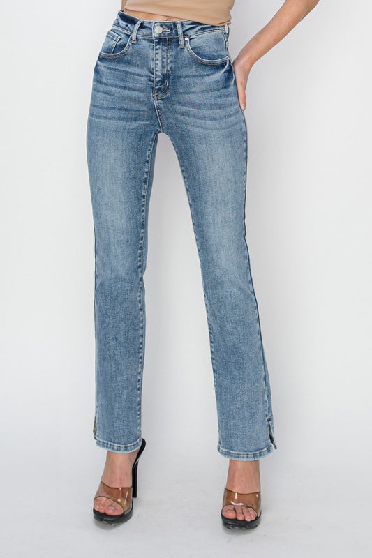 HR Ankle Relaxed Straight Side Slit Jeans - Medium Wash