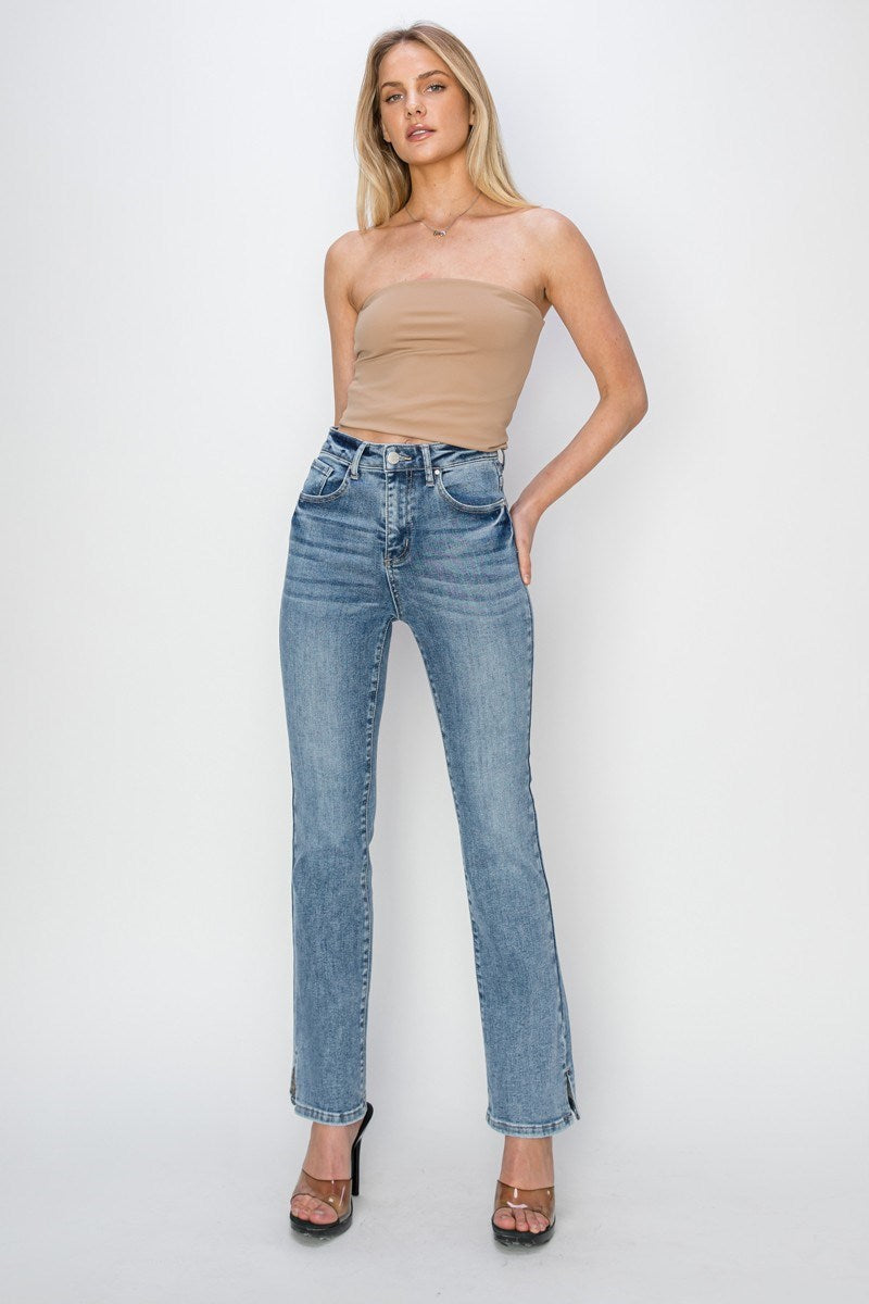 HR Ankle Relaxed Straight Side Slit Jeans - Medium Wash