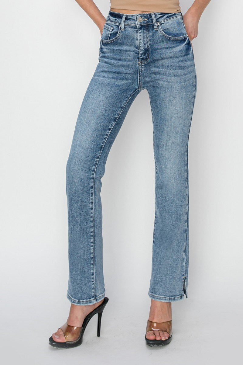 HR Ankle Relaxed Straight Side Slit Jeans - Medium Wash