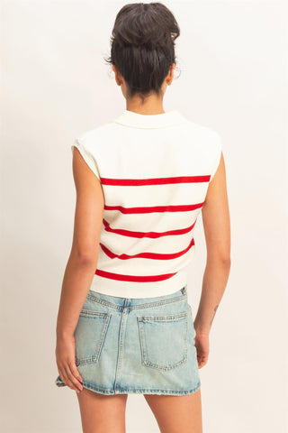 Red Stripe Sleeveless Knit Polo Top
