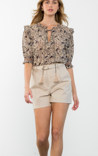 Tassel Tie Neutral Print Top