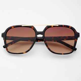 Sunglasses with tortoiseshell frame and brown lenses on a white background