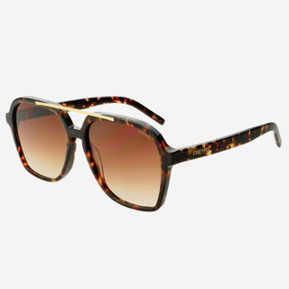Sunglasses with tortoiseshell frame and brown gradient lenses on a white background