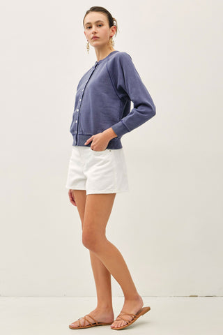 Vintage Wash Flower Button Cardigan - Indigo