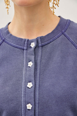 Vintage Wash Flower Button Cardigan - Indigo