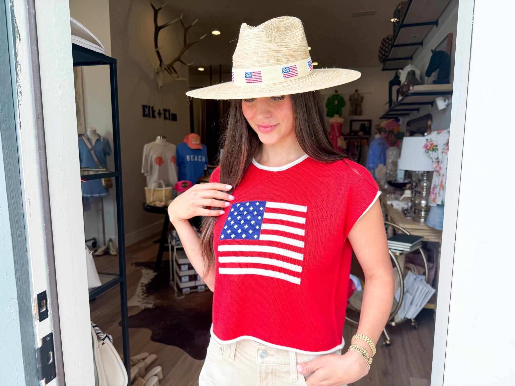 All - American Flag Knit Crop Top - Red - Elk + Elm