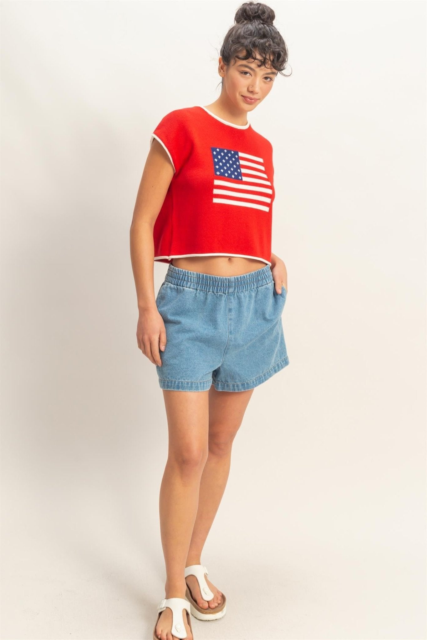 All - American Flag Knit Crop Top - Red - Elk + Elm