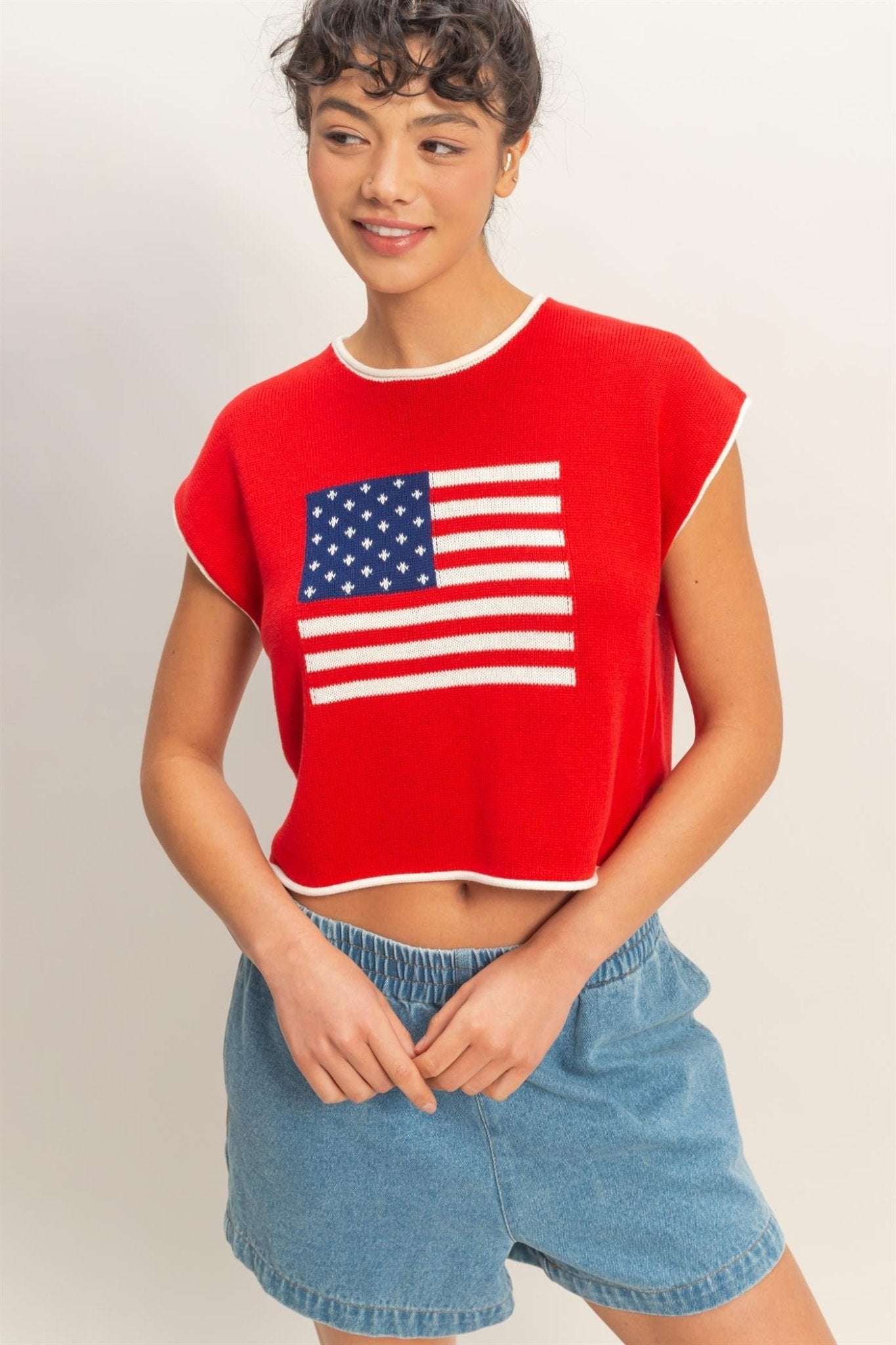 All - American Flag Knit Crop Top - Red - Elk + Elm