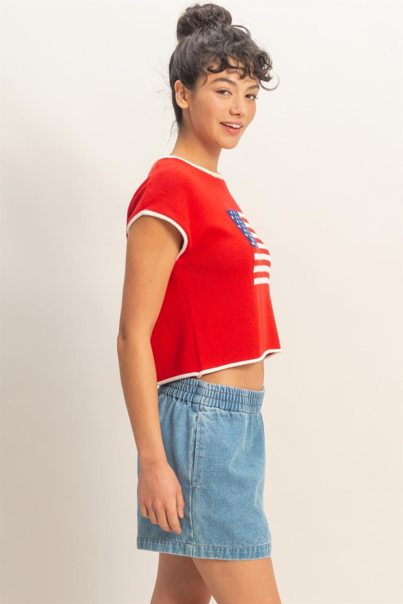 All - American Flag Knit Crop Top - Red - Elk + Elm