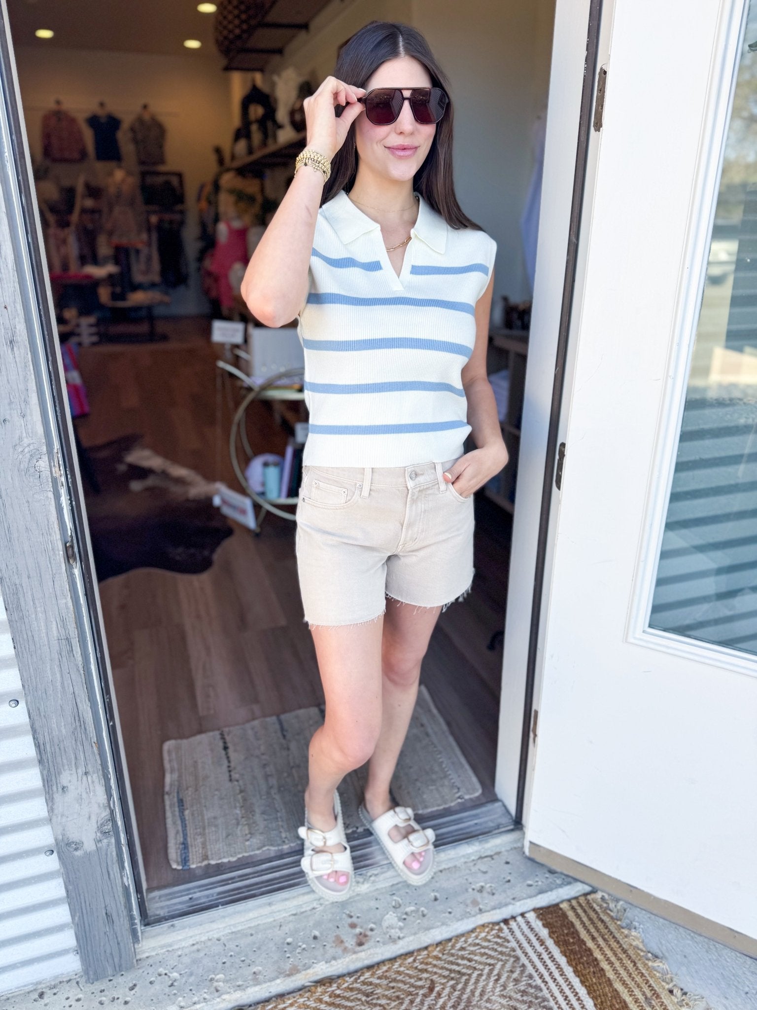 Baby Blue Stripe Sleeveless Knit Polo Top - Elk + Elm