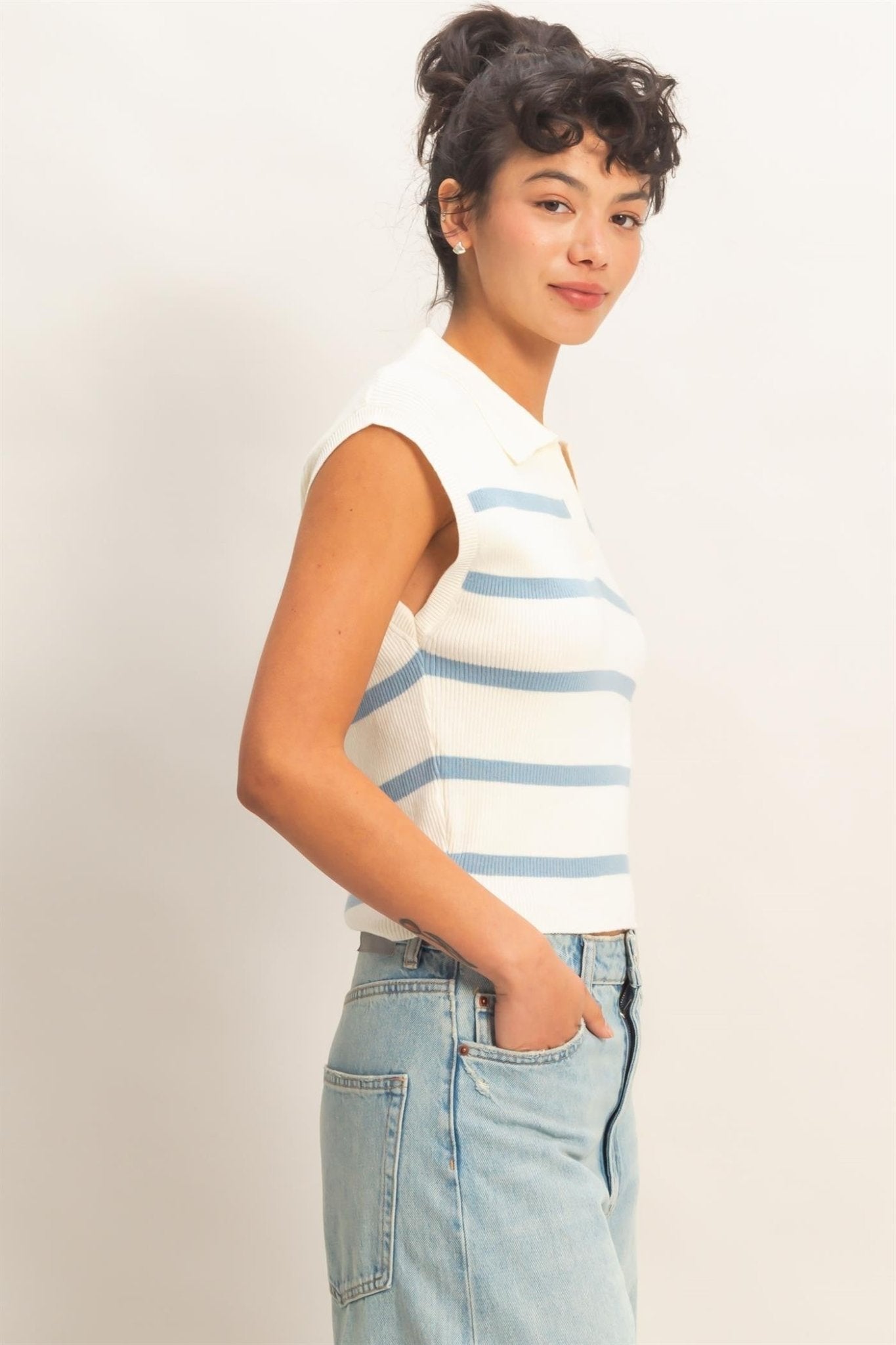 Baby Blue Stripe Sleeveless Knit Polo Top - Elk + Elm