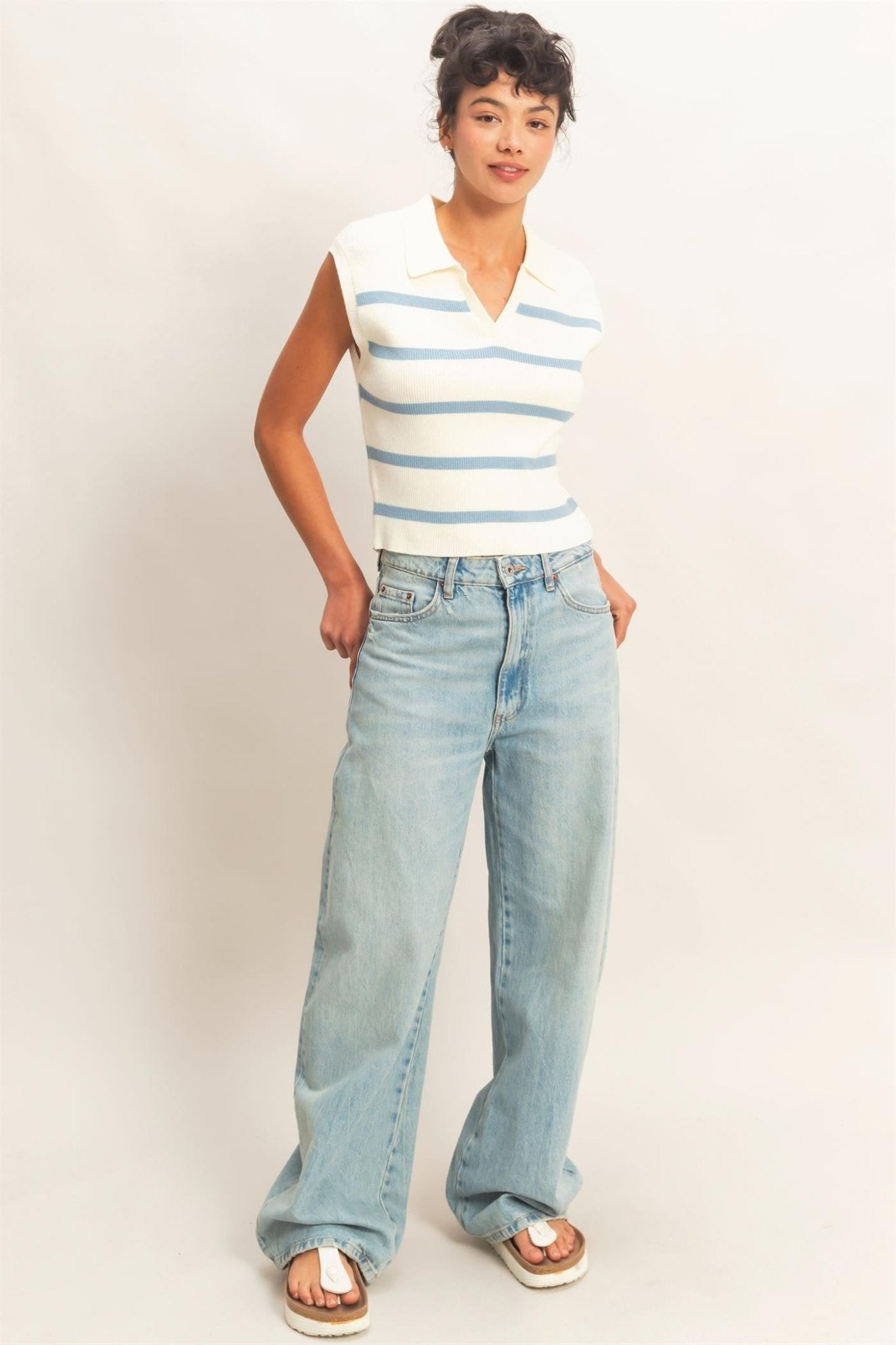Baby Blue Stripe Sleeveless Knit Polo Top - Elk + Elm