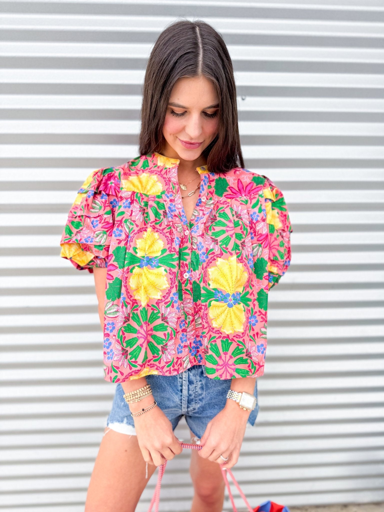 Blossom Garden Puff Sleeve Button - Up Blouse - Elk + Elm