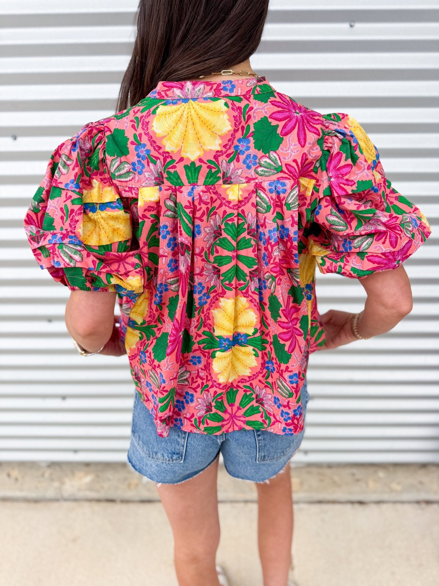 Blossom Garden Puff Sleeve Button - Up Blouse - Elk + Elm