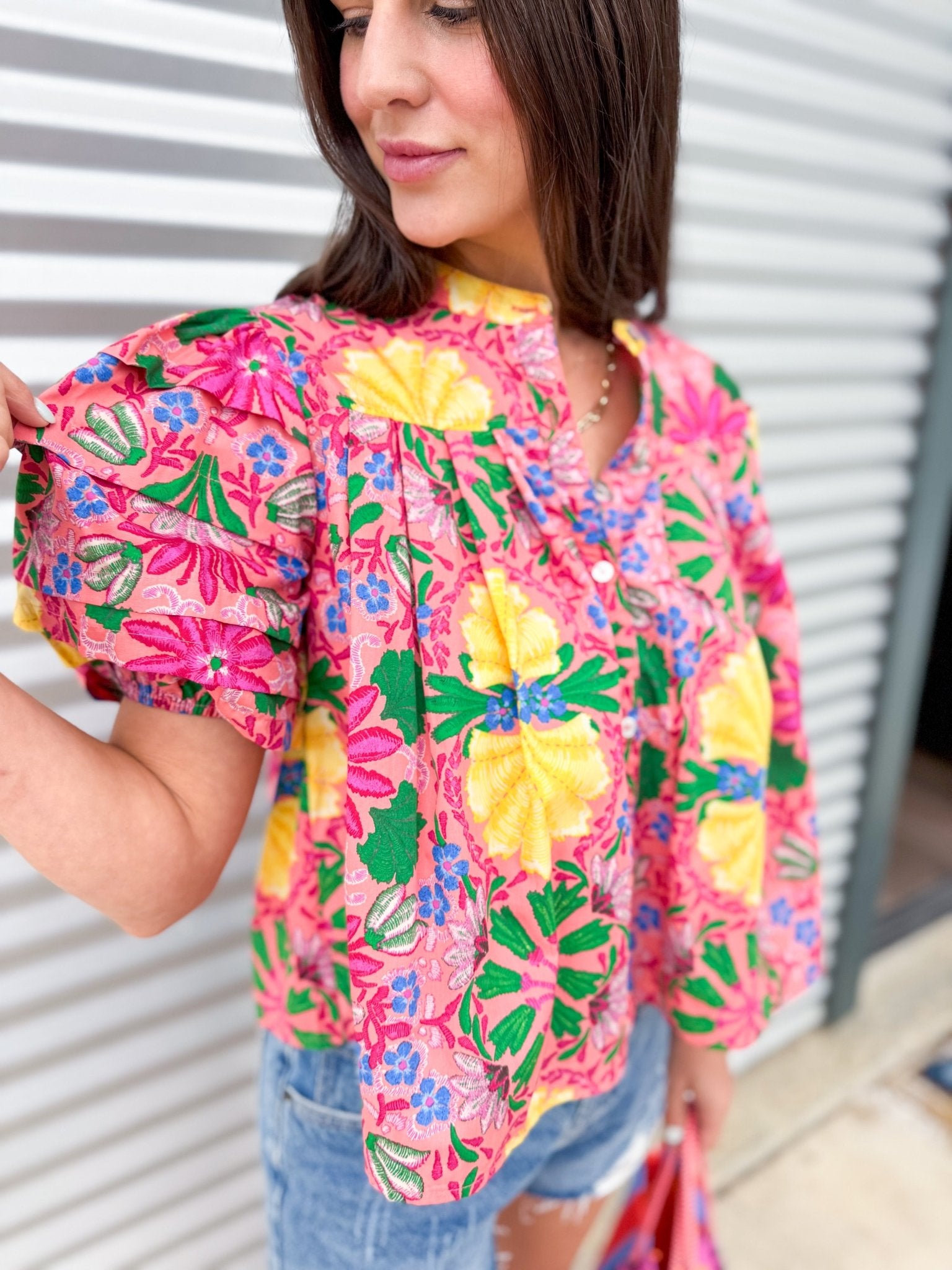 Blossom Garden Puff Sleeve Button - Up Blouse - Elk + Elm