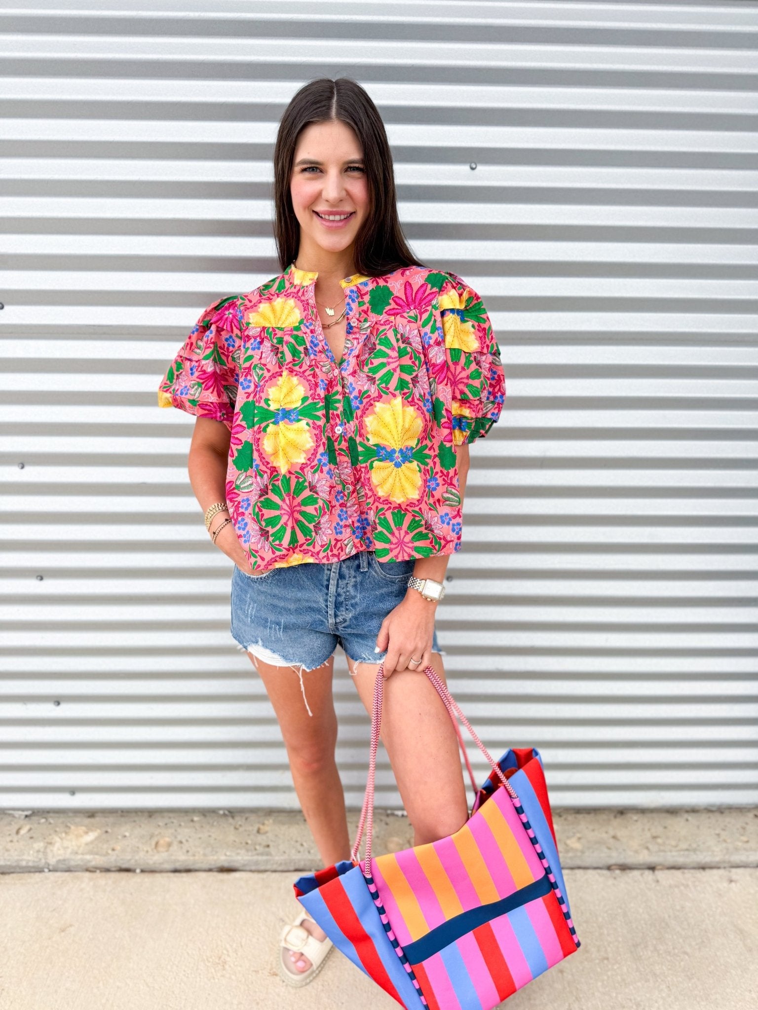 Blossom Garden Puff Sleeve Button - Up Blouse - Elk + Elm