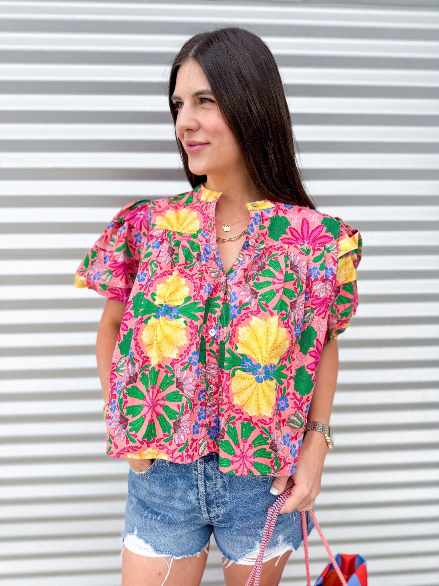 Blossom Garden Puff Sleeve Button - Up Blouse - Elk + Elm