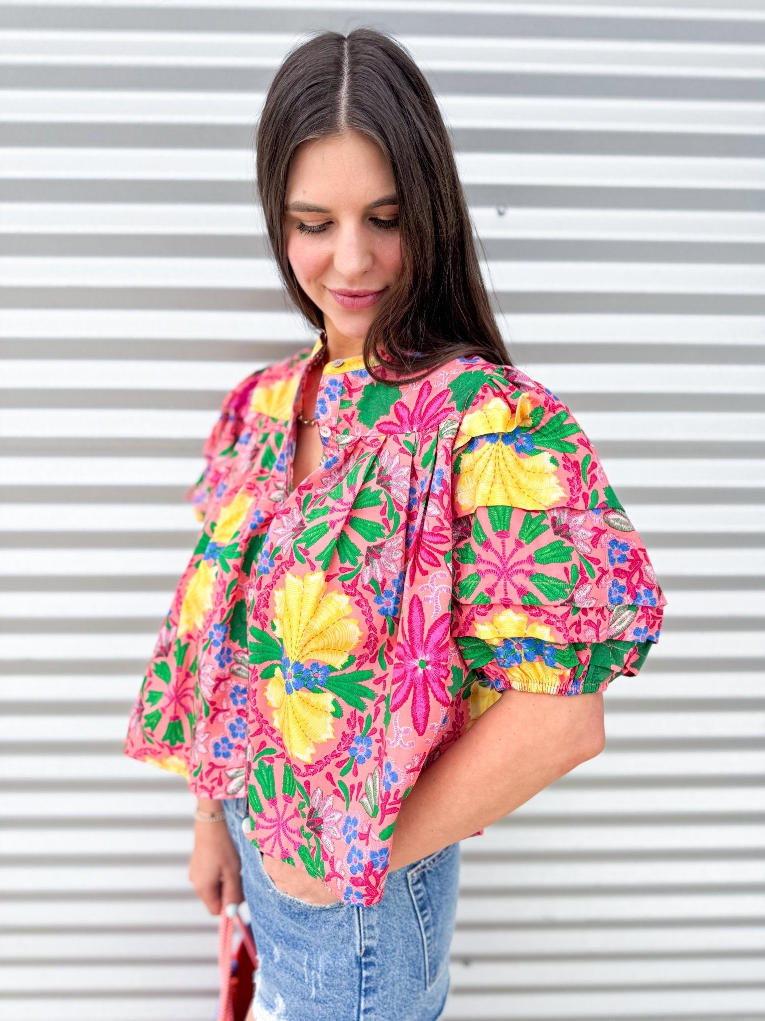 Blossom Garden Puff Sleeve Button - Up Blouse - Elk + Elm