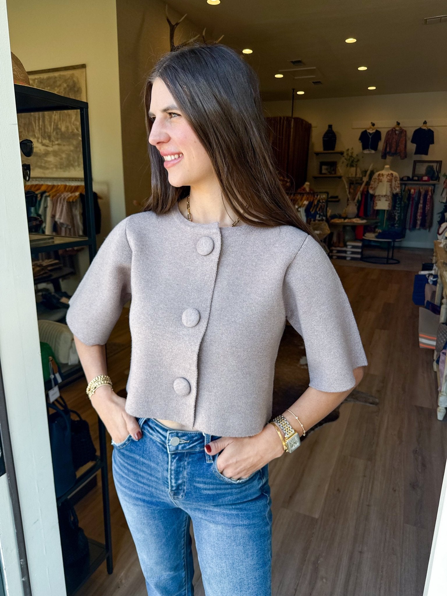 Camille Button Knit Jacket - Elk + Elm