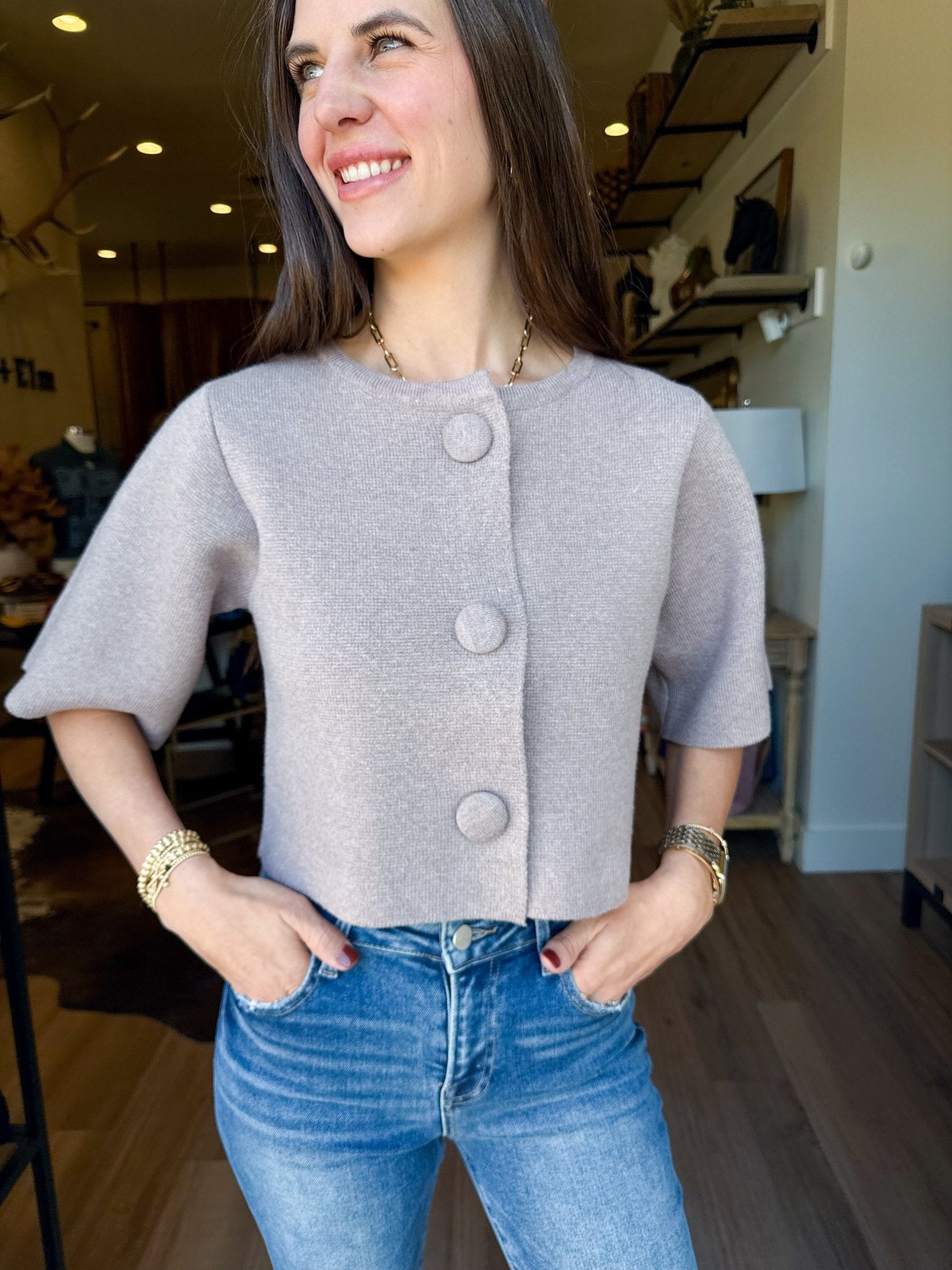 Camille Button Knit Jacket - Elk + Elm