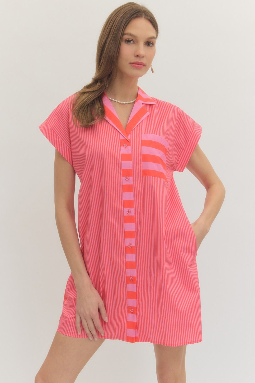 Candy Stripe Shirt Dress - Pink/Orange - Elk + Elm