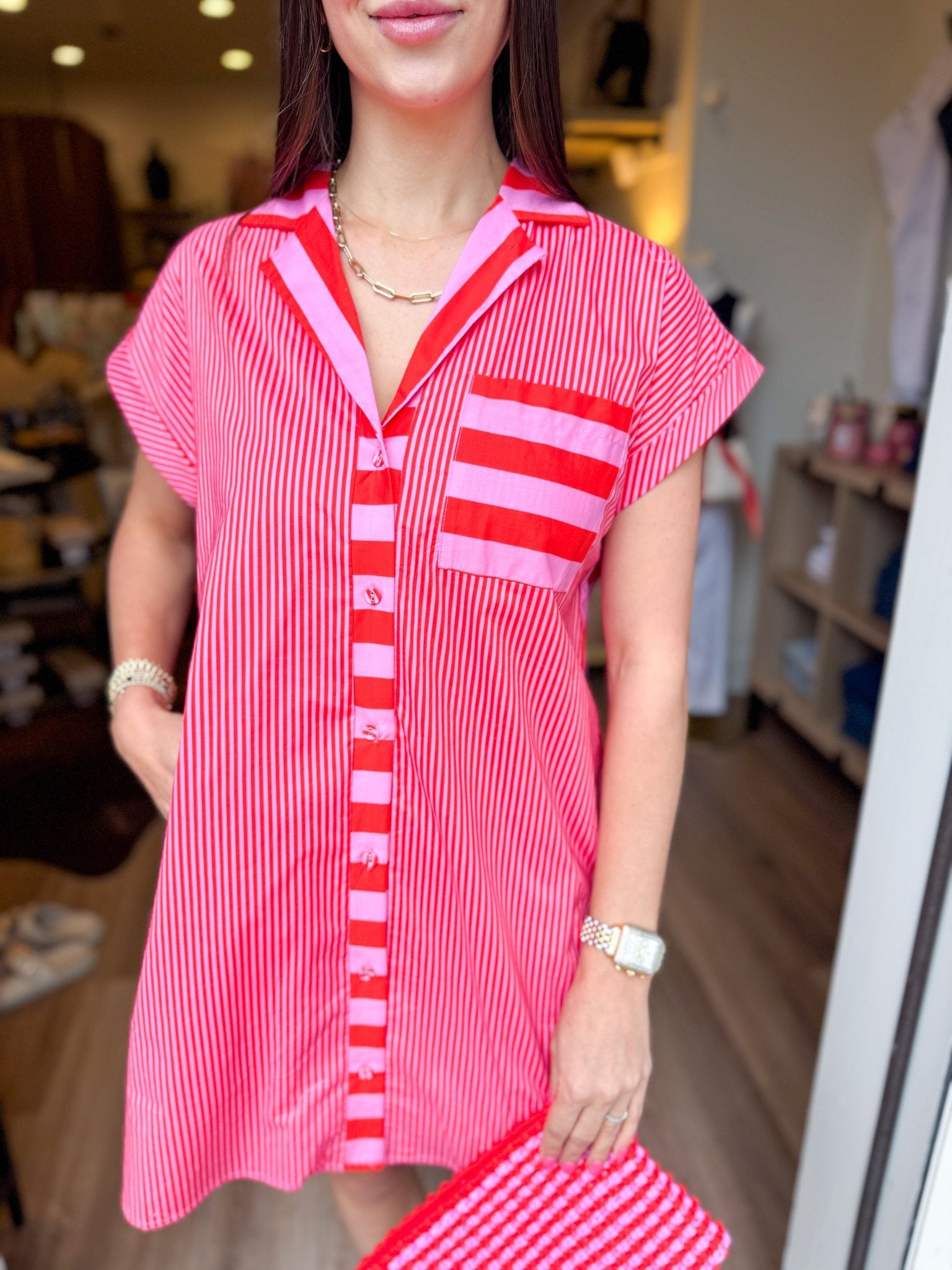 Candy Stripe Shirt Dress - Pink/Orange - Elk + Elm
