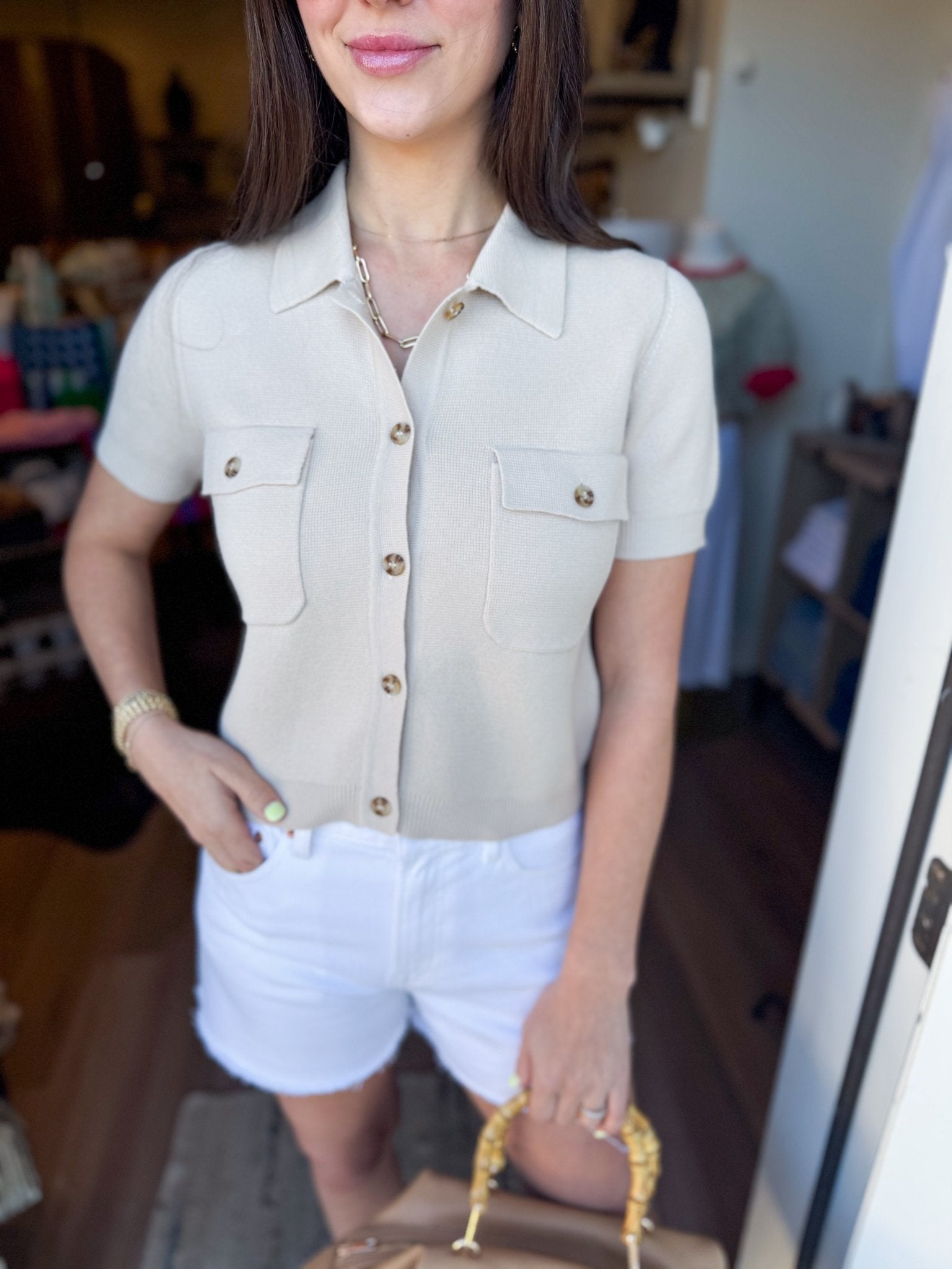 Chic Knit Button - Up Collared Top – Taupe - Elk + Elm