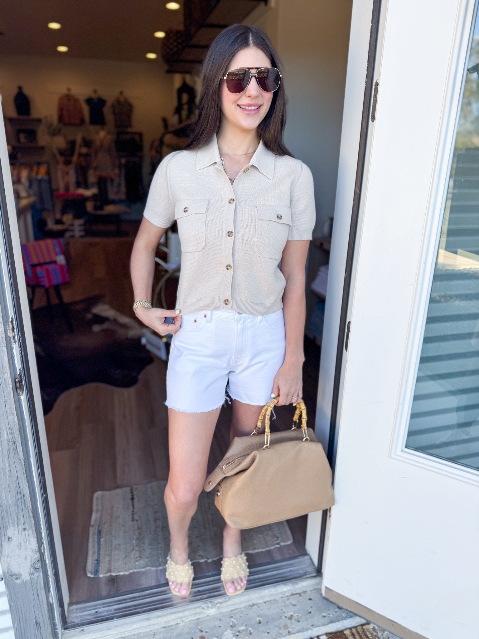 Chic Knit Button - Up Collared Top – Taupe - Elk + Elm