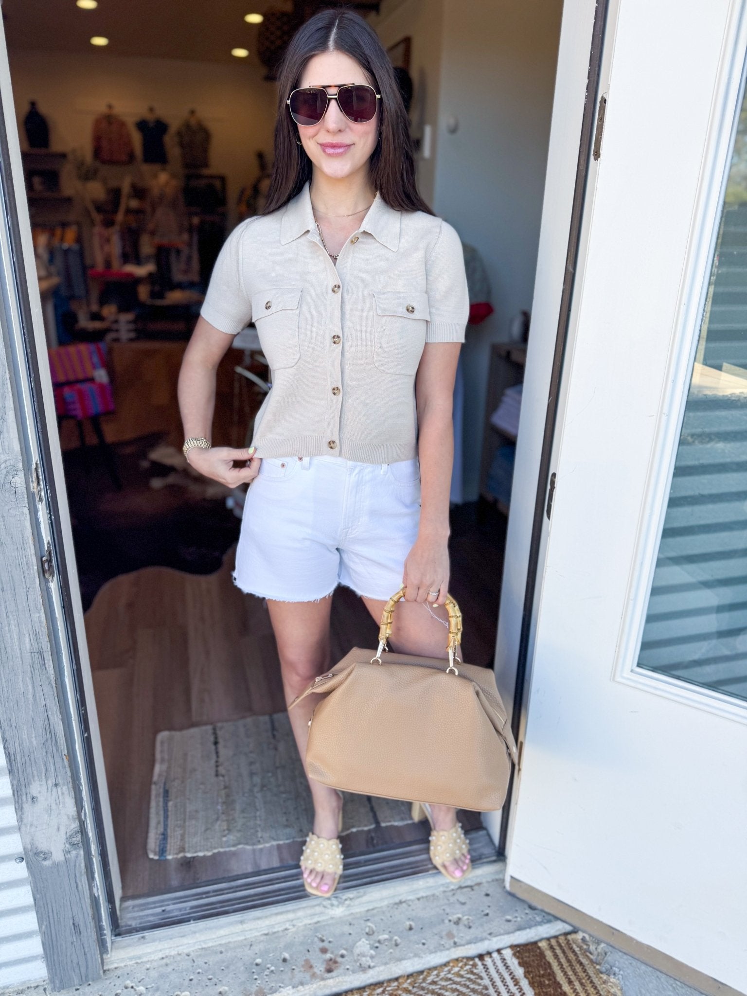 Chic Knit Button - Up Collared Top – Taupe - Elk + Elm