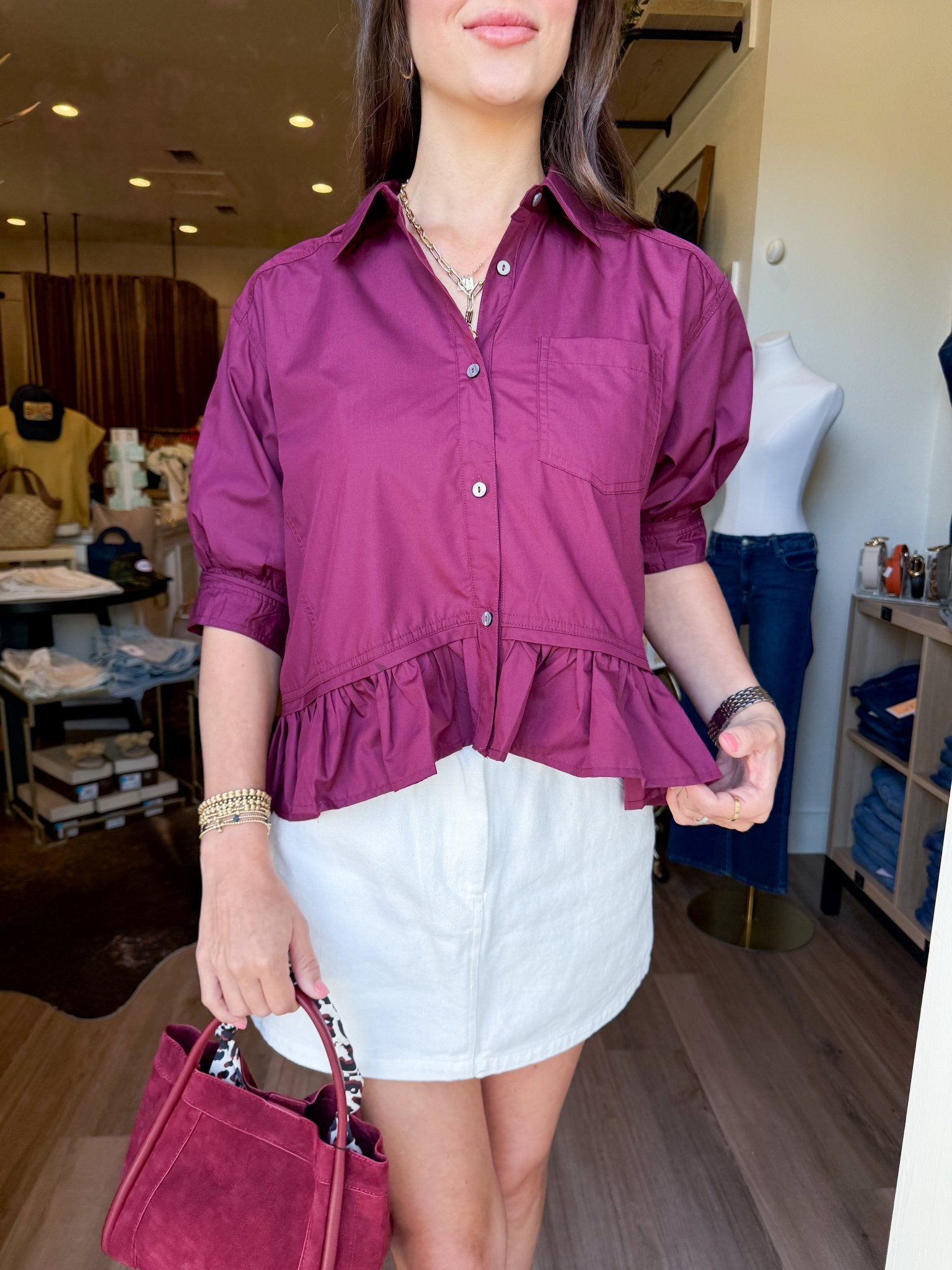 Claret Ruffle Hem Blouse - Elk + Elm