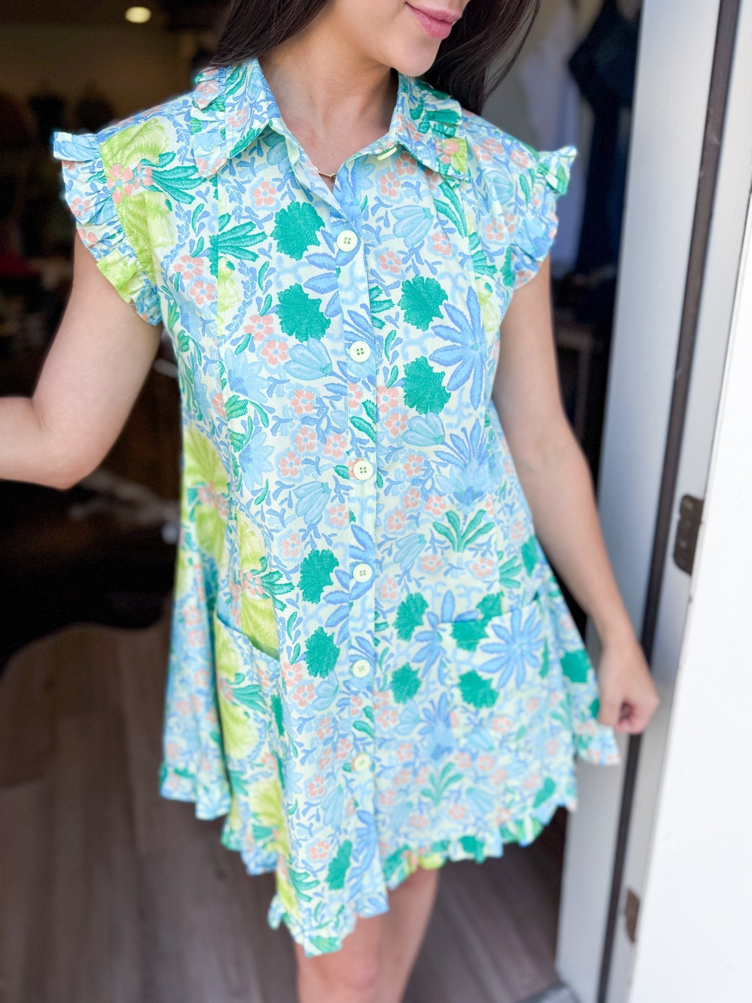 Coastal Bloom Ruffle Sleeve Cotton Mini Dress - Elk + Elm